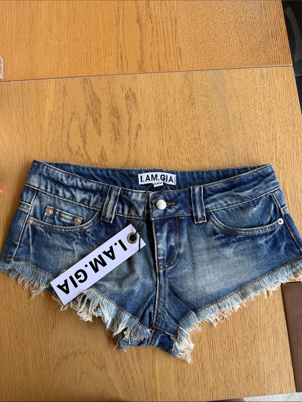 I.AM.GIA Distressed Blue Denim Low-Rise Frayed Hem Shorts